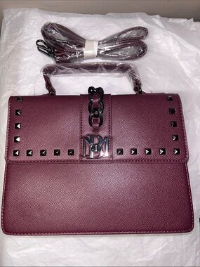 Badgley Mischka plum studded with gunmetal satchel chain-accent turn-lock NWOT